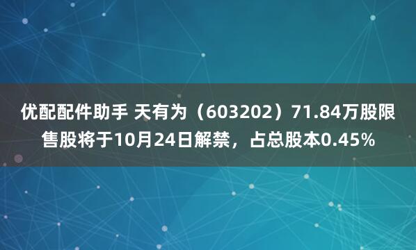 优配配件助手 天有为（603202）71.84万股限售股将于10月24日解禁，占总股本0.45%